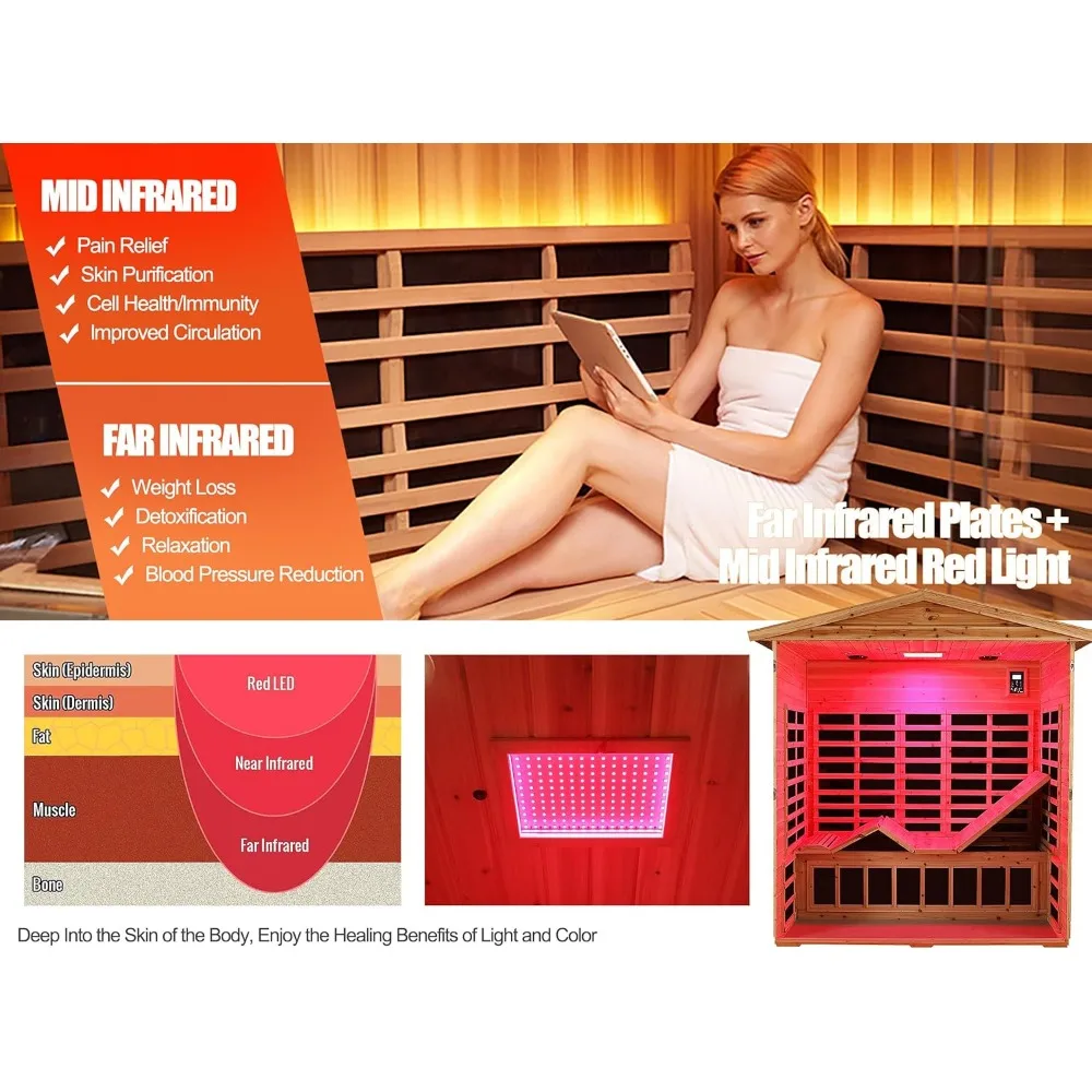 Outdoor Sauna 3 Person Infrared Sauna, Infrared Saunas for Home,1950W Low EMF Far Infrared Sauna Old Fir Wooden Sauna with Light 3
