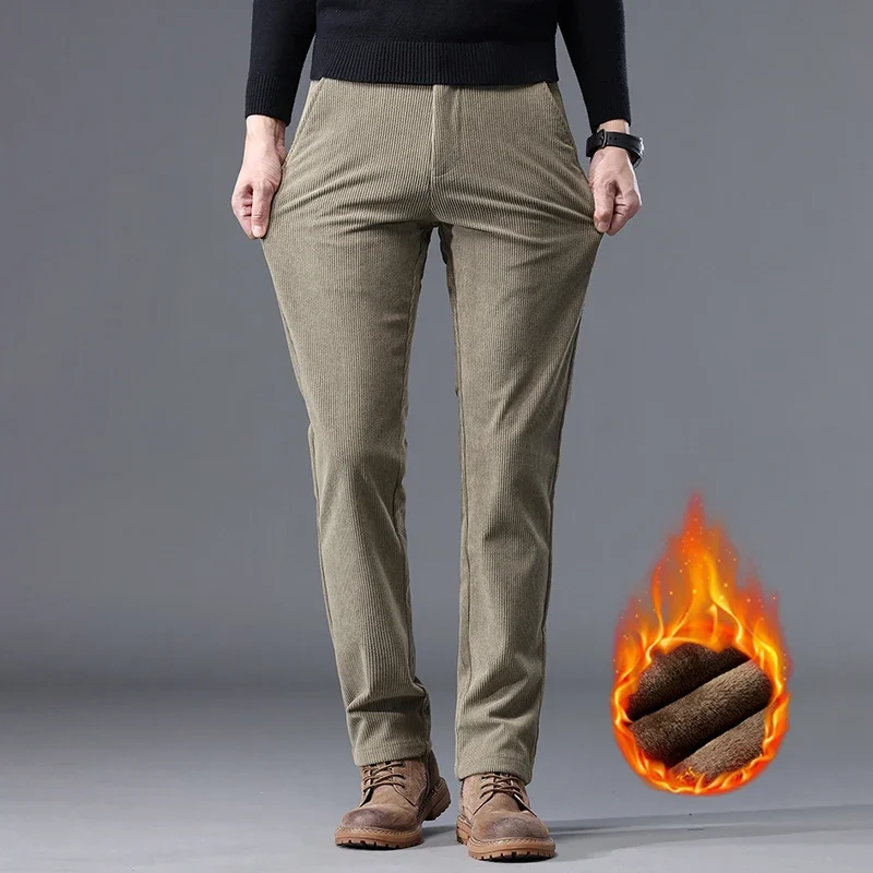 Winter Men's Fleece Casual Pants Corduroy Thicken Warm Plush Pants Fashion Straight Business Thermal Trousers Khaki Black Gray 3