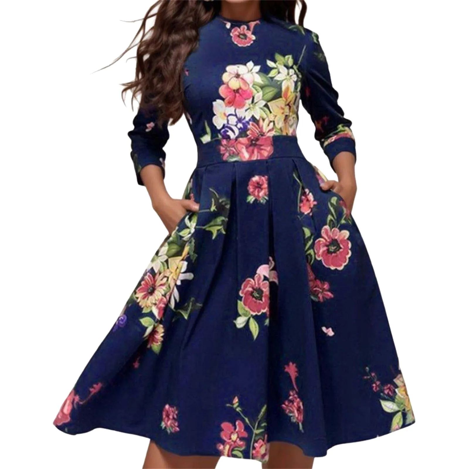 

Wome Loose Dresses Fashion Floral Print 3/4 Sleeve Round Neck A-Line Slim Ruched Summer Dress For Party Chic Ladies Vestido 2024