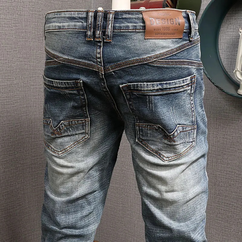 Fashion Streetwear Men Jeans Retro Blue Elastic Slim Fit Ripped Jeans Men Italian Vintage Designer Casual Denim Pants Hombre