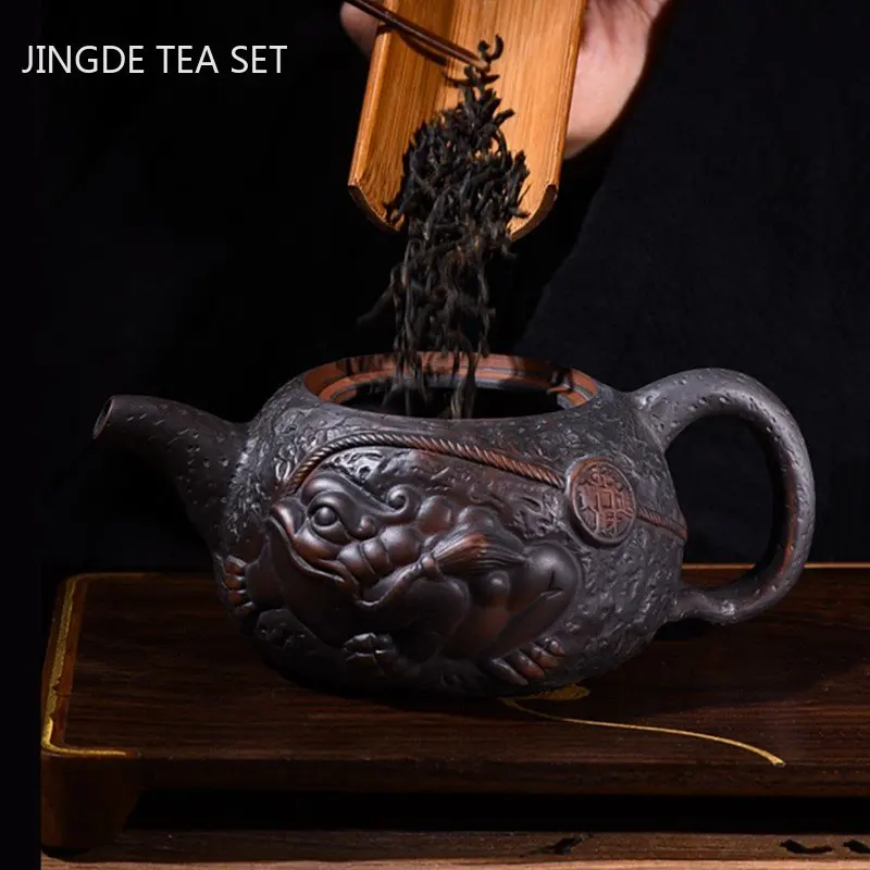 250ml Antique Purple Pottery Teapot Hand Carving Beauty Tea Pot Ball Hole Filter Tea Infuser Chinese Tea Ceremony Accessories