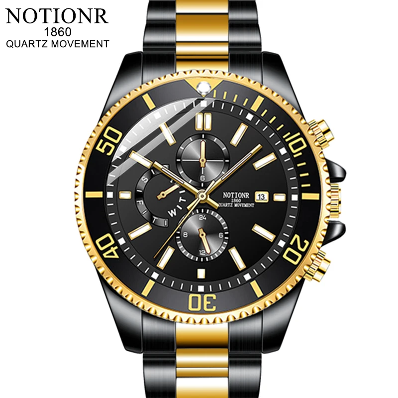 NOTIONR Luxury Fashion Mens Gold Watches Man Luminous Clock Men Business Calendar Stainless Steel Quartz Watch reloj hombre