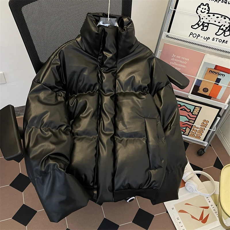 2025 New Winter Men Fashion PU Leather Cotton-padded Jacket Men's Loose Thick Warm Overcoats Male Stand Collar Solid Coats D717
