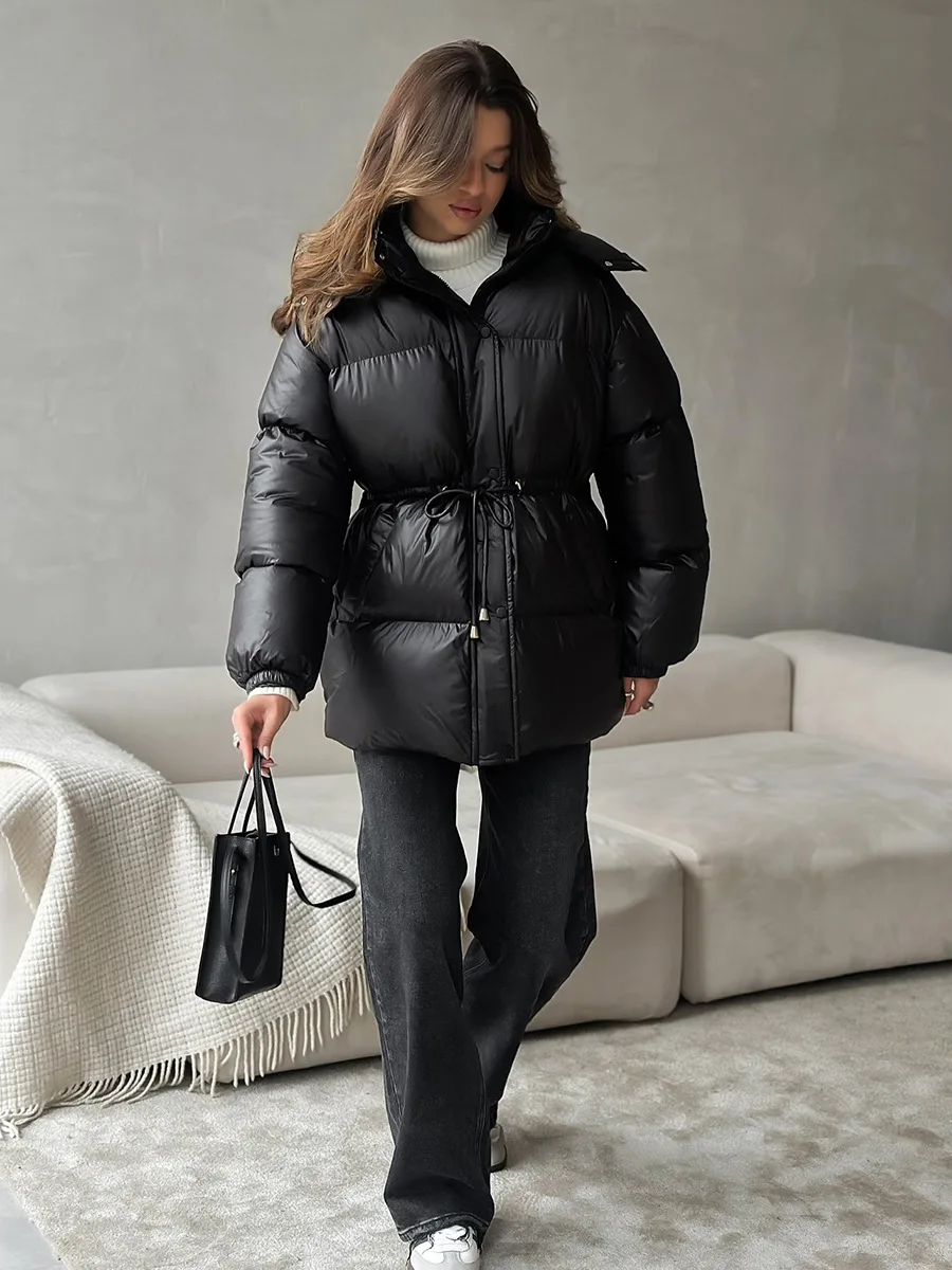 Bornladies Drawstring Slim Fit Cotton Jacket Women's  Winter New Hooded Zipper Cotton Robe Comfortable Warm Bread Jacket