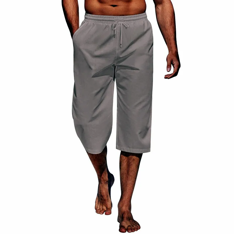 Cross border hot selling men's capris casual lightweight capris drawstring elastic waist beach yoga belt pocket 2