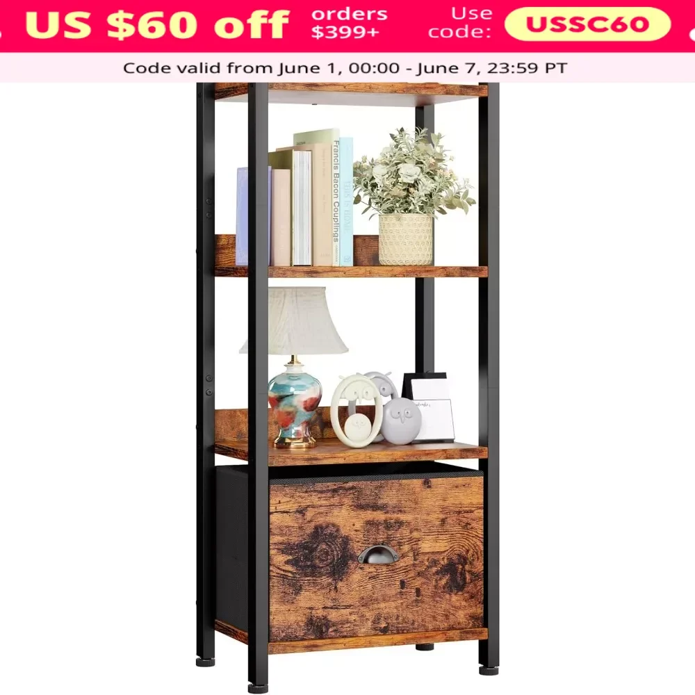 4 Tier Bookshelf with Drawer, Tall Bookcase with Shelves, Narrow Book Shelf Storage Organizer, Display Standing Shelf