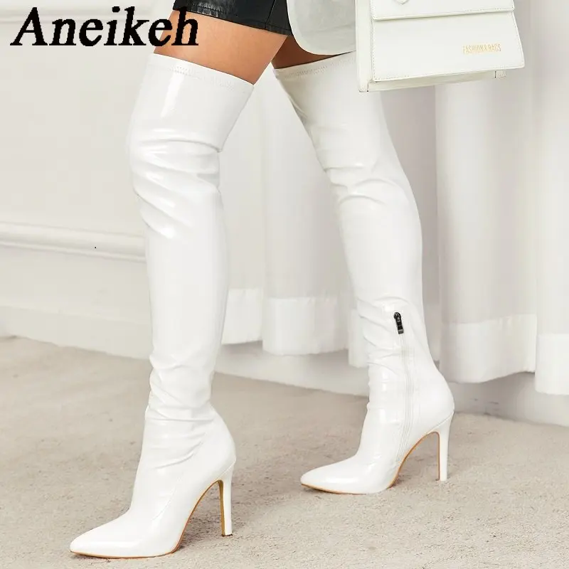 

Aneikeh Women's Fashion Sexy PU Side Zipper Over Knee Thin High Heel Boots 2024 Club Pole Dance Modern Boots Party Wedding 35-42