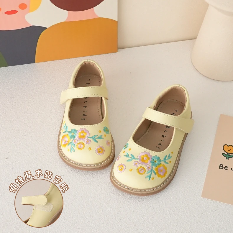 Girls Green Shoes Mary Jane Embroidered Flowers Spring Kids Shoes