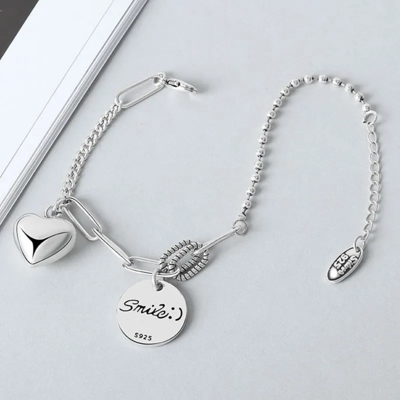 Thai Silver Round Love Heart Pendant Bracelets for Men Women Lady Street Hip Hop Thick Charm Chain Party Jewelry Couple Gift