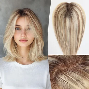 Topper per capelli 100% umani da donna, marrone con riflessi biondi, base in pizzo svizzero migliorata 5x6 pollici con 3 clip antiscivolo