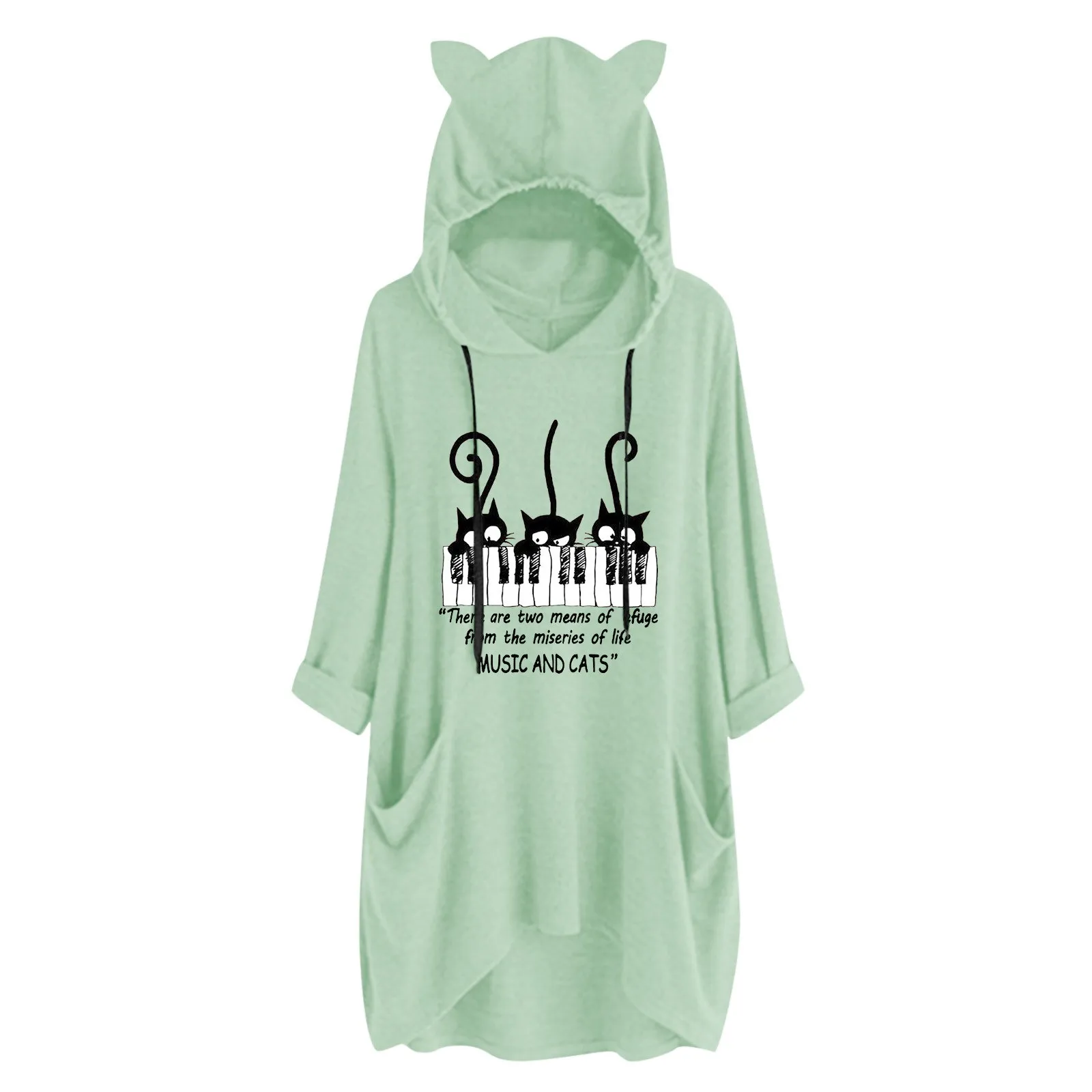 

Женский Длинный пуловер с капюшоном, свитшот большого размера с милым принтом кошачьих ушей и карманами, цветной Свитшот