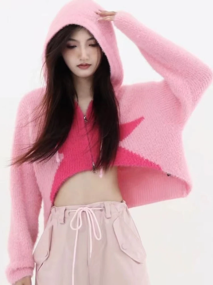 

HOUZHOU Grunge Vintage Streetwear Short Hooded Knitted Sweater Women American Retro Star Print Y2k Harajuku Sweater Top 2023 New