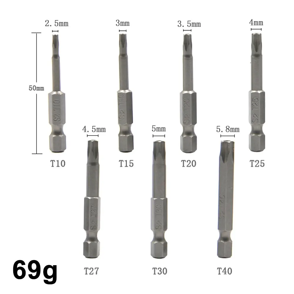 Screwdriver Head Set 7pc Hexagonal Handle Five Star Hollow Screwdriver Head with Hole S2 Magnetic Screwdriver Head T10-T40 Tool Set