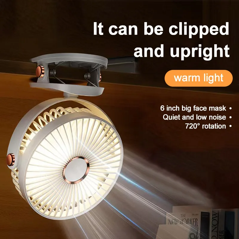Lampe de camping LED portable avec ventilateur à clip, aste, ventilateur de bureau, silencieux, réglable, 5 vitesses, veilleuse pour chambre, bureau, extérieur