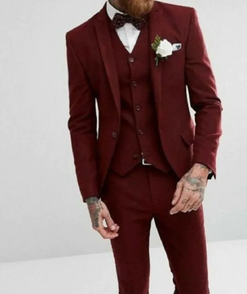 Burgundy Men's Suits Slim Fit Burgundy Wedding Tuxedo For Groom Elegant Suit Gift For Him Formal Wear Prom Party Blazer 3 Piece