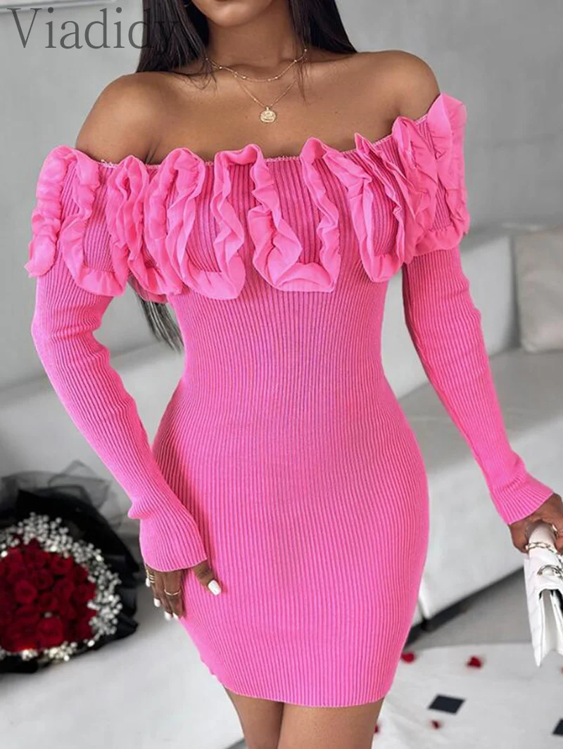 

Women Sexy Solid Color Off Shoulder Lace Floral Pattern Design Slash Neck Long Sleeve Knit Dress