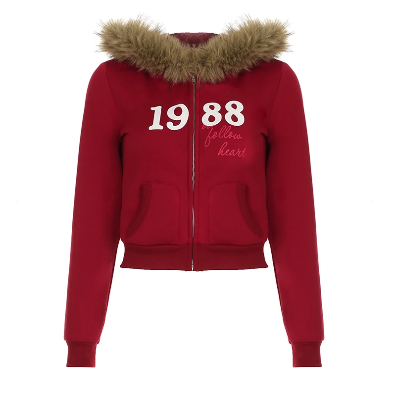 Sudadera con capucha y ribete de piel Y2K con estampado de letras rojas, abrigo con cremallera y bolsillo para mujer, ropa de calle de invierno de los 90, ropa de abrigo vintage