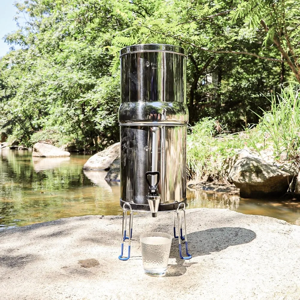 Gravity-Fed Water Filter System, NSF/ANSI 42&372 Standard, 2.25G Stainless-Steel Countertop System with 2 Black Elements