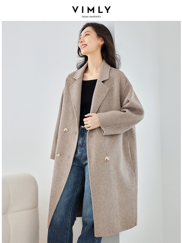 Vimly Double Faced Wool Blend Long Coat Women 2024Winter Elegant Office Lady Straight Warm Woolen Jacket Female Overcoat 50690