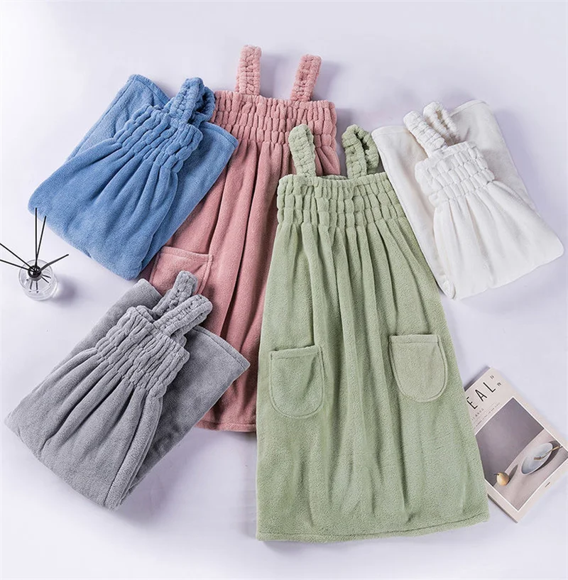 Women Bathrobe Pajamas Wearable Beach Bath Towel Women Absorbent Bathrobe Bath Skirt Coral Fleece Dress