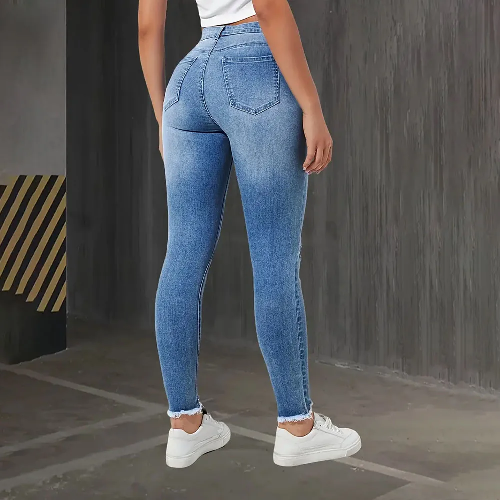 Fashion Skinny Hole Jeans Women 2025 Autumn Stretchy High Waisted Ripped Slim Retro Solid Color Denim Trousers Pants 5