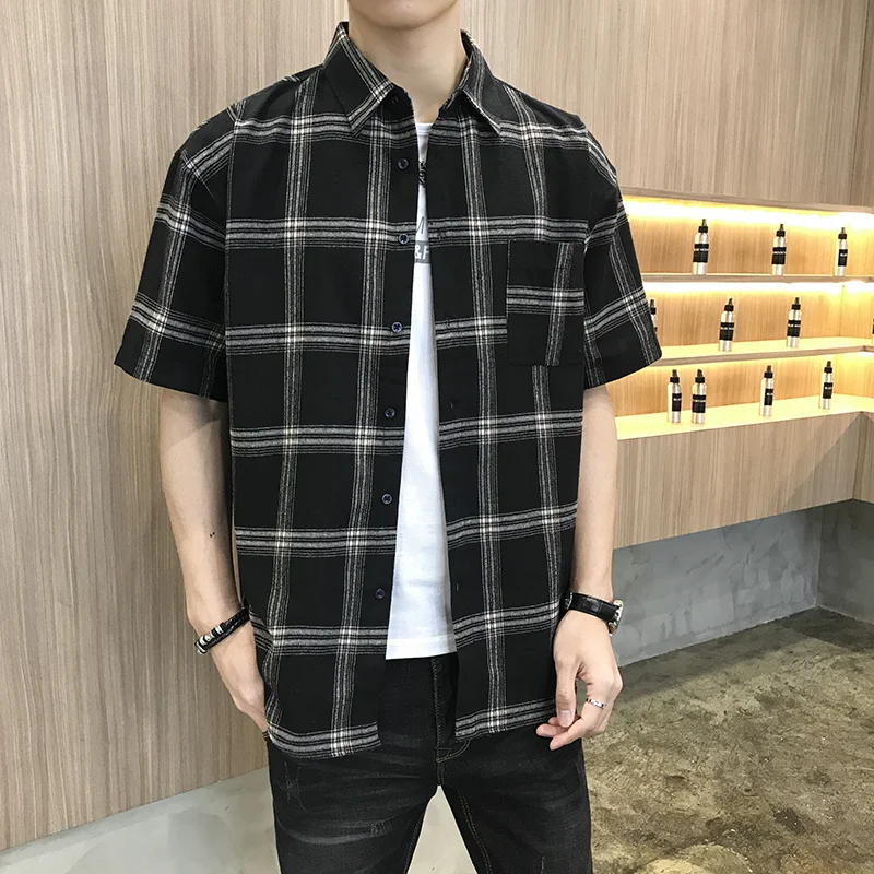 

Summer Retro Plaid Shirt Men Hip Hop Checked Short Sleeve Shirt High Quality Spring New Oversize Streetwear Black Social Blouses