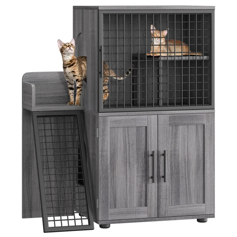 Double Layer Cat Litter Box Enclosure with Ladder