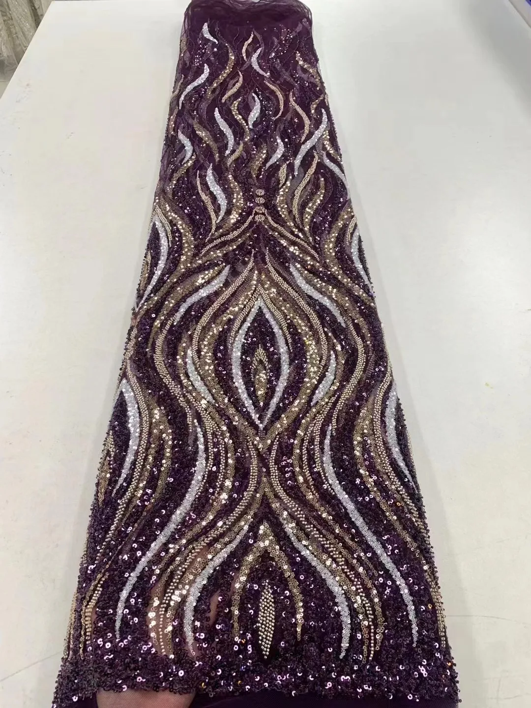 

Luxury African Heavy Bead Lace Fabric 2023 High Quality Nigerian Sequins French Tulle Fabric Material For Wedding Party QF0747