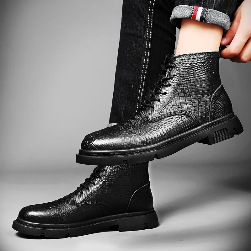 

Winter Men Boots Warm High Quality Print Plush Mens Boots Genuine Leather Men Ankle Boots Business Crocodile Grain Male Footwear