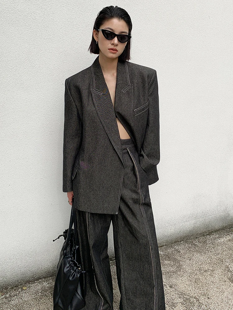 BJTZ Big Size Black Denim Jacket Wide Leg Pants Two Piece Suit New Lapel Long Sleeve Women Fashion Spring Autumn 2024 4