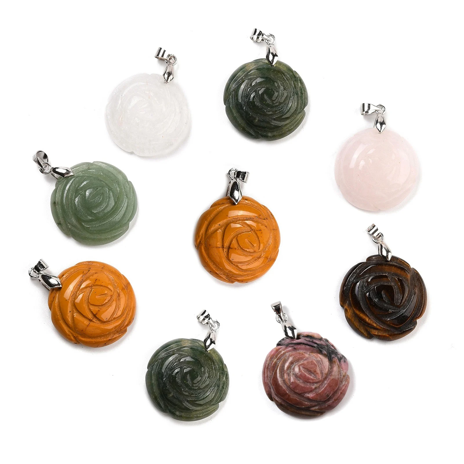 

5pcs Natural Stone Amethysts Green Aventurines Rhodonites Rose Shape Charms Pendants For diy Jewelry Making Necklace Accessories