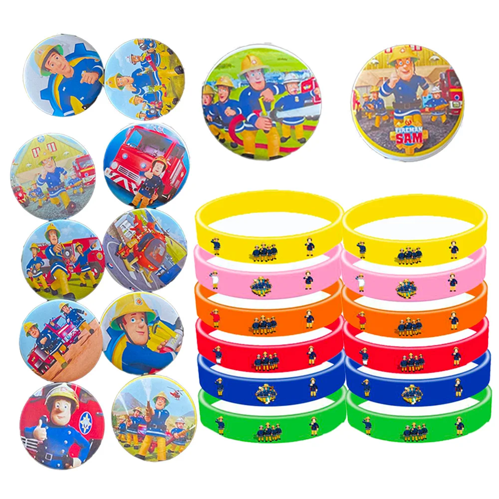 

12pcs/Set Fireman Sam Birthday Party Decoraitons Firefighter Button Pin Silicone Wristbands Fire Truck Theme Children Kids