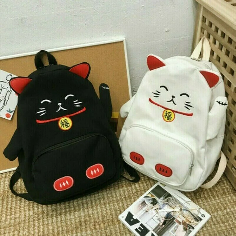 Women Backpack Japanese Harajuku Cute Lucky Cat Cartoon Piggy Printed Backbag Preppy Style Girls Schoolbags Shoulder Bag 6