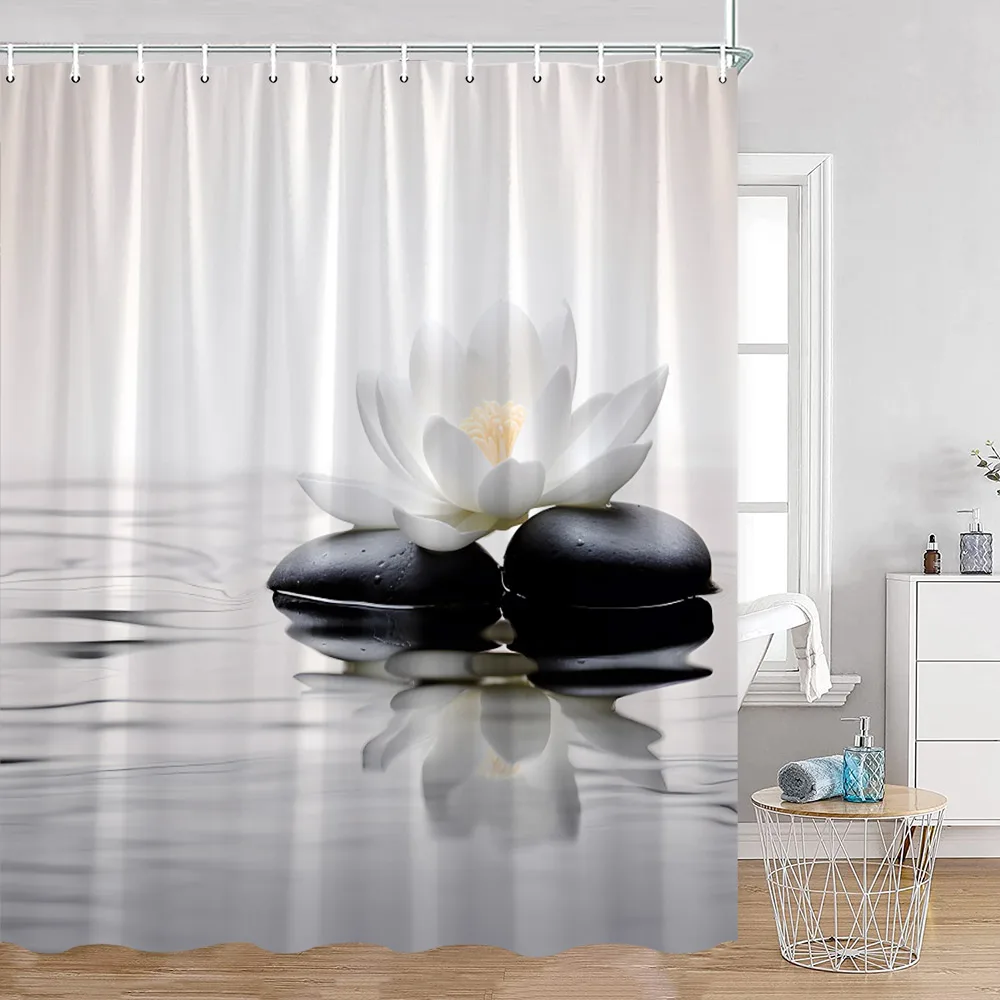 Zen Green Bamboo Tende Da Doccia Lotus Black Stone Meditation Flowing Water Spa Tenda Da Bagno Tessuto In Poliestere Arredamento Da Bagno