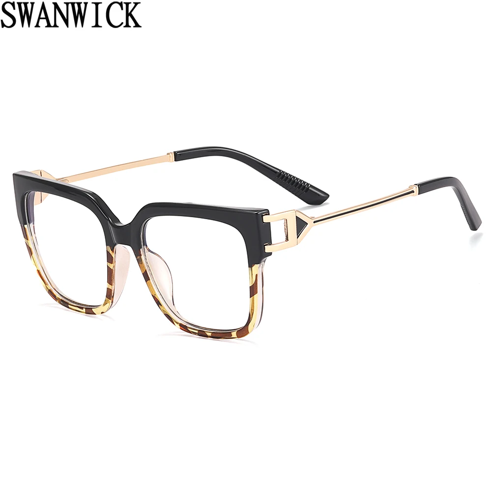 

Очки Swanwick с большой оправой, очки с защитой от синего света, модные квадратные очки с полуметаллическими прозрачными линзами, TR90, Европейский стиль, черный леопардовый