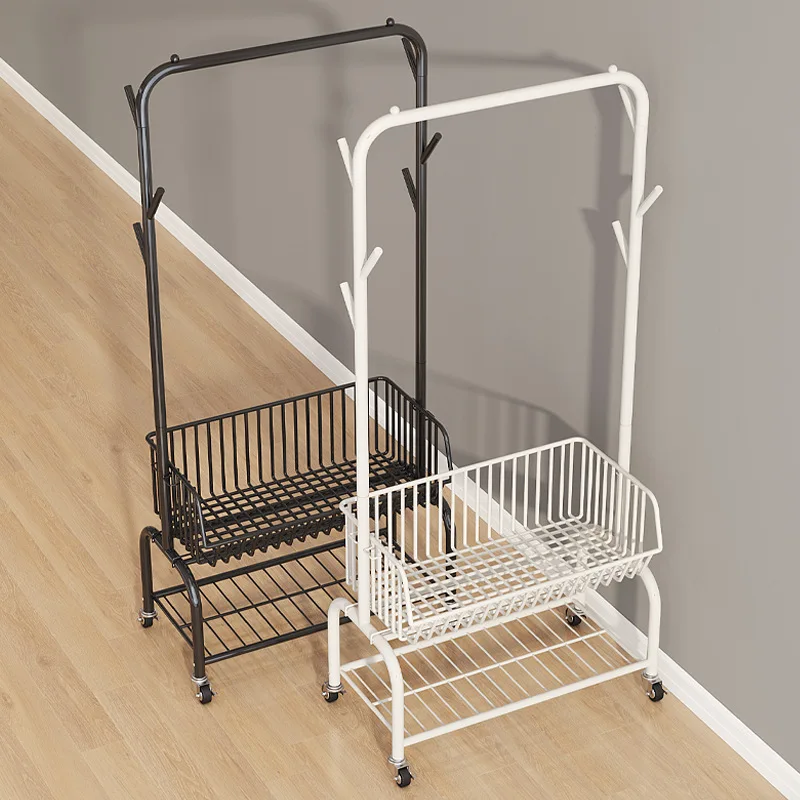 Iron Stand Floor Clothes Rack Bedroom Clothes Handger Removable Storage Shelf with Storage Basket Corner Coat Rack