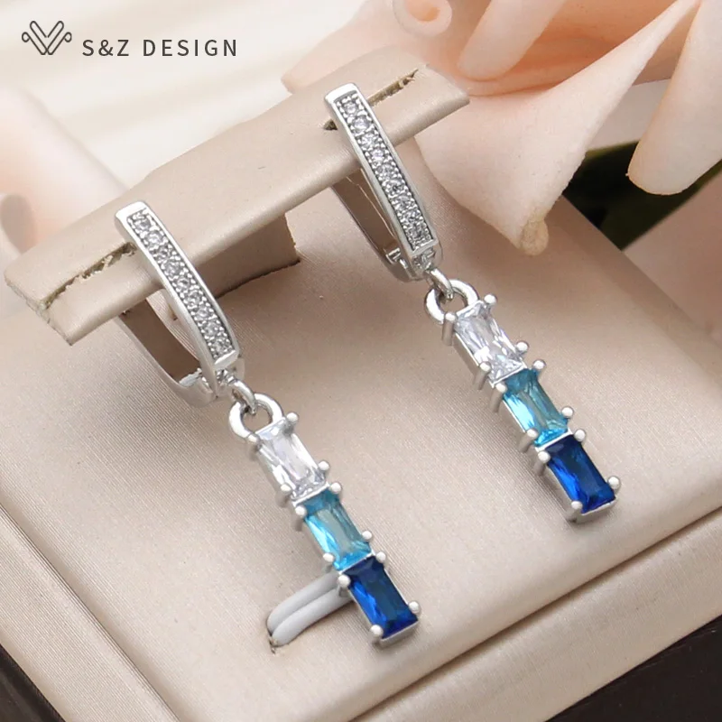 S&Z DESIGN New Fashion 585 Rose Gold Color Gradation Rectangle Cubic Zirconia Dangle Earrings For Women Simple Jewelry Gift