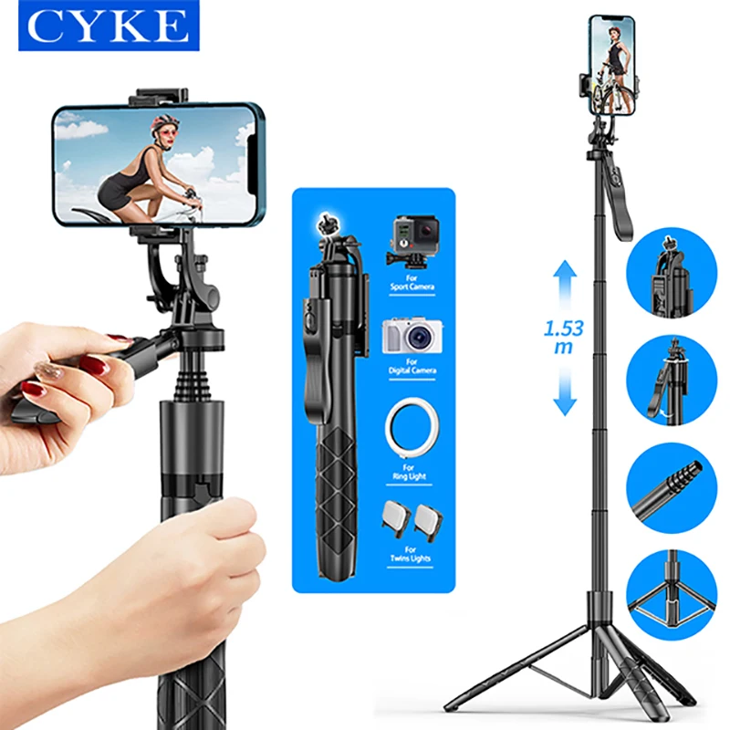 CYKE 61" Selfie stick tripod expandable phone tripod stand wireless remote 360 rotating live video foldable L16