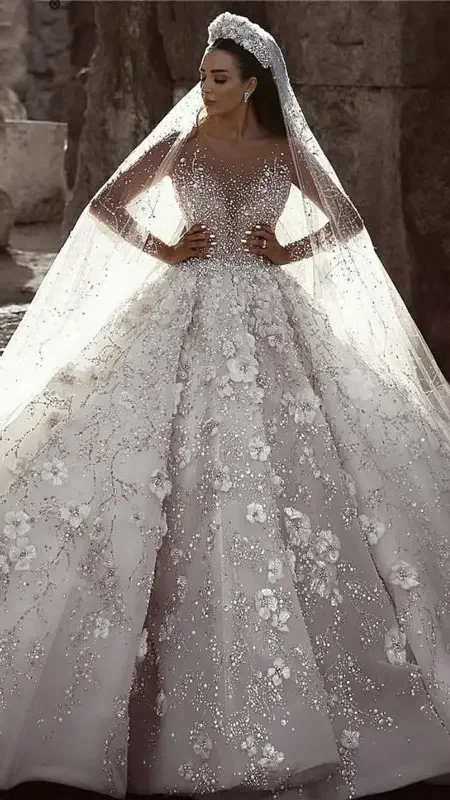 

Dubai Ivory Long Sleeves Luxury Wedding Dresses 2024 Sequined Handmade Flowers Sexy Bridal Gown Custom Made
