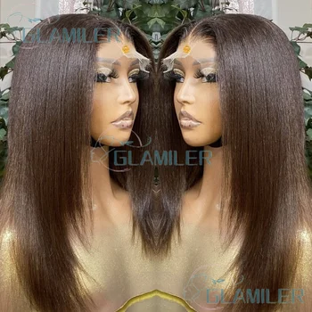 Brazilian Dark Brown Light Yaki Human Hair 13x6/360 Lace Frontal Wigs Pre Plucked Yaki 5x5 Silk Top Closure Wigs Bleached Knots