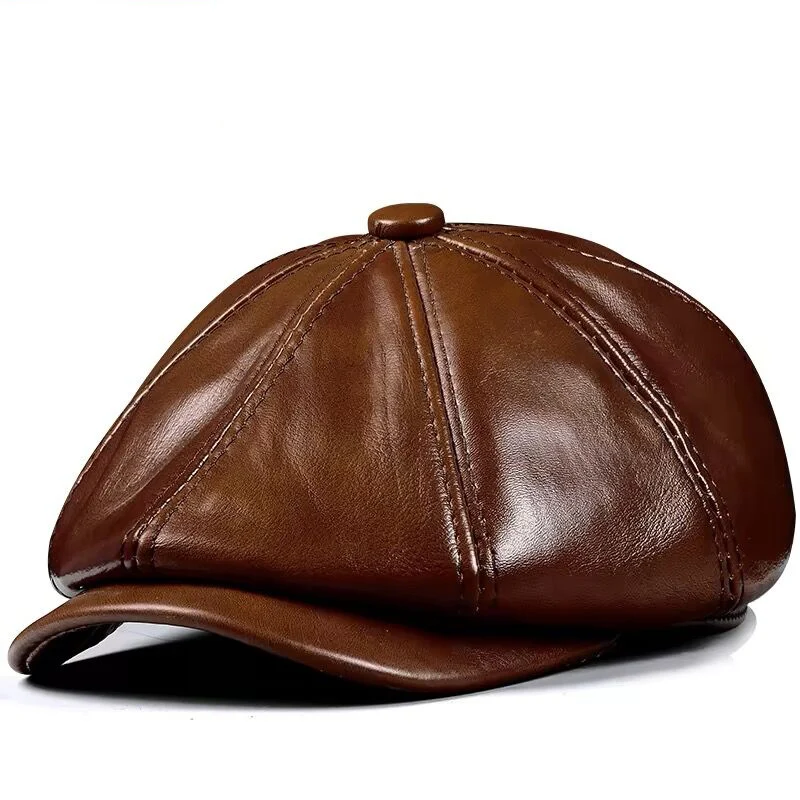 Spring New Genuine Leather Hat Cap Cowhide Beret Warm Cotton Men Padding Brand Brown/Black Duck Hat