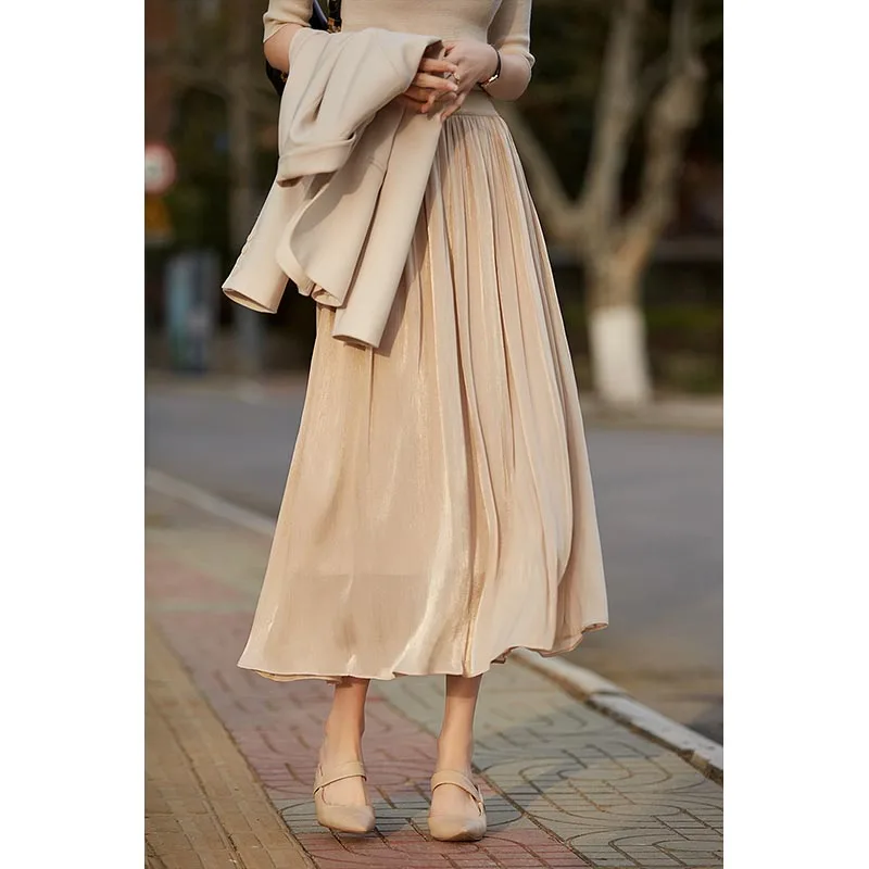 

Women's Summer Party Flowing Yarn Skirt High Waist Silk Suits Smooth Half-Body Sense Pleated Elegant Flowing Skirt Dress