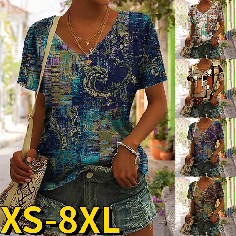 

2023 Everyday Sexy Loose T-shirt New Design Printing Tee Summer Women's V-Neck Fashion Short Sleeve Simple Style Tops XS-8XL