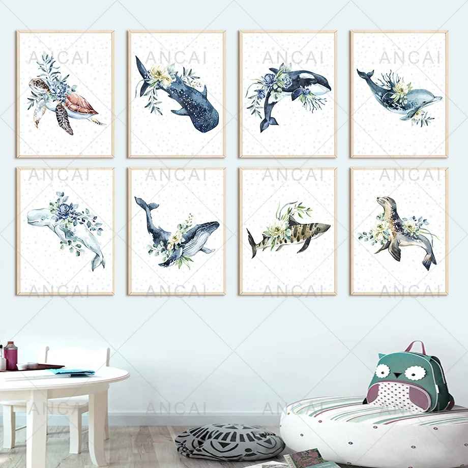 

Whale Dolphin Turtle Fish Sea Lion Animal Art Canvas Painting Nordic Posters And Prints Wall Pictures Baby Kids Room Decoration