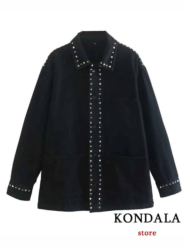 Kondala Chic Solid Black Women Rivet Cowboy Jackets Loose Cool Punk