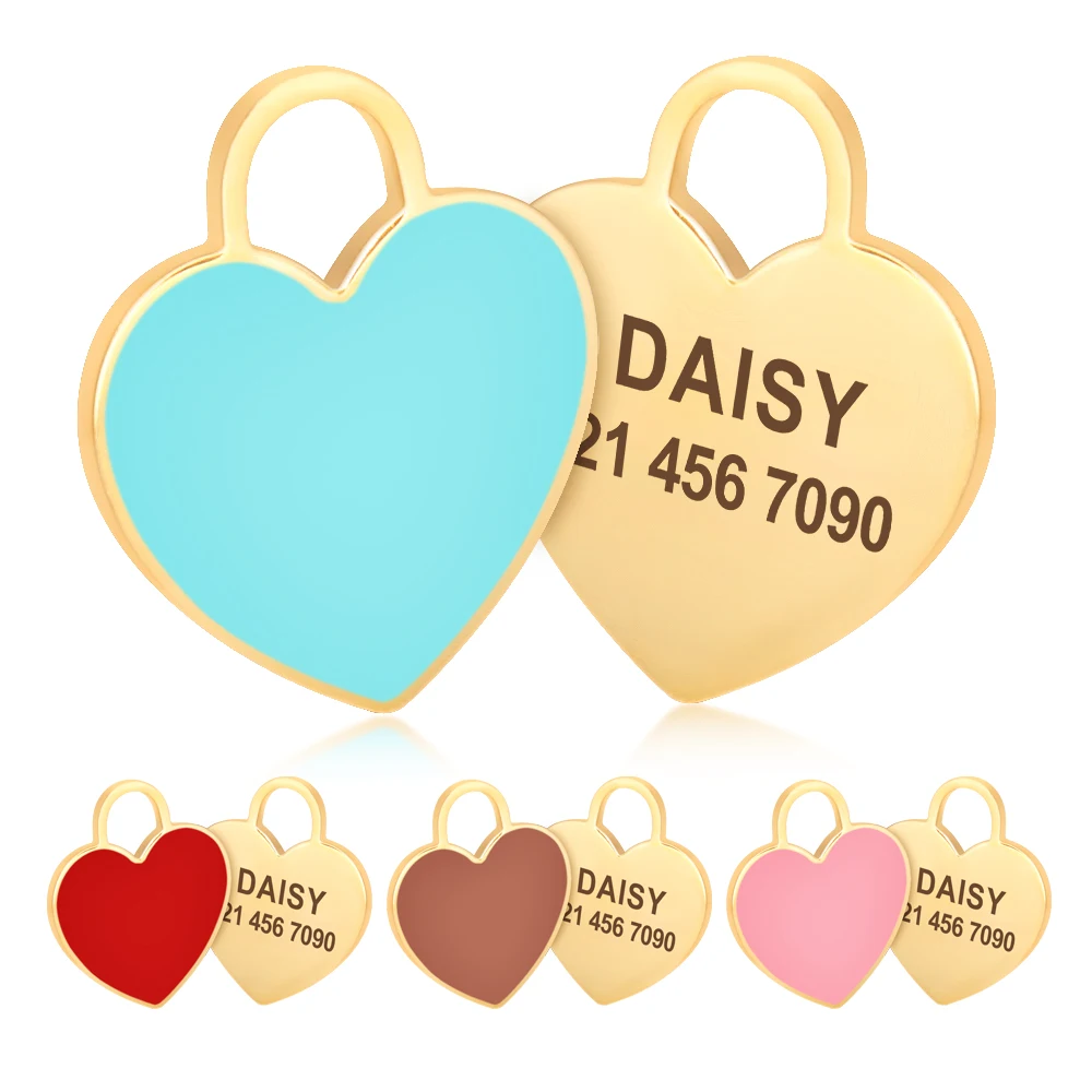 

Free Engraved Cat Dog ID Tags Custom Personalized Dog Collar Pet Charm Name Pendant Heart Necklace Collar Puppy DIY Accessories