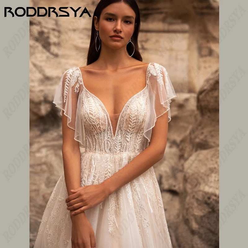 RODDRSYA Applique Lace Wedding Dress Boho Tulle A-line Robe De Soirée Spaghetti Straps Bridal Gown Sleeveles Backless For Women