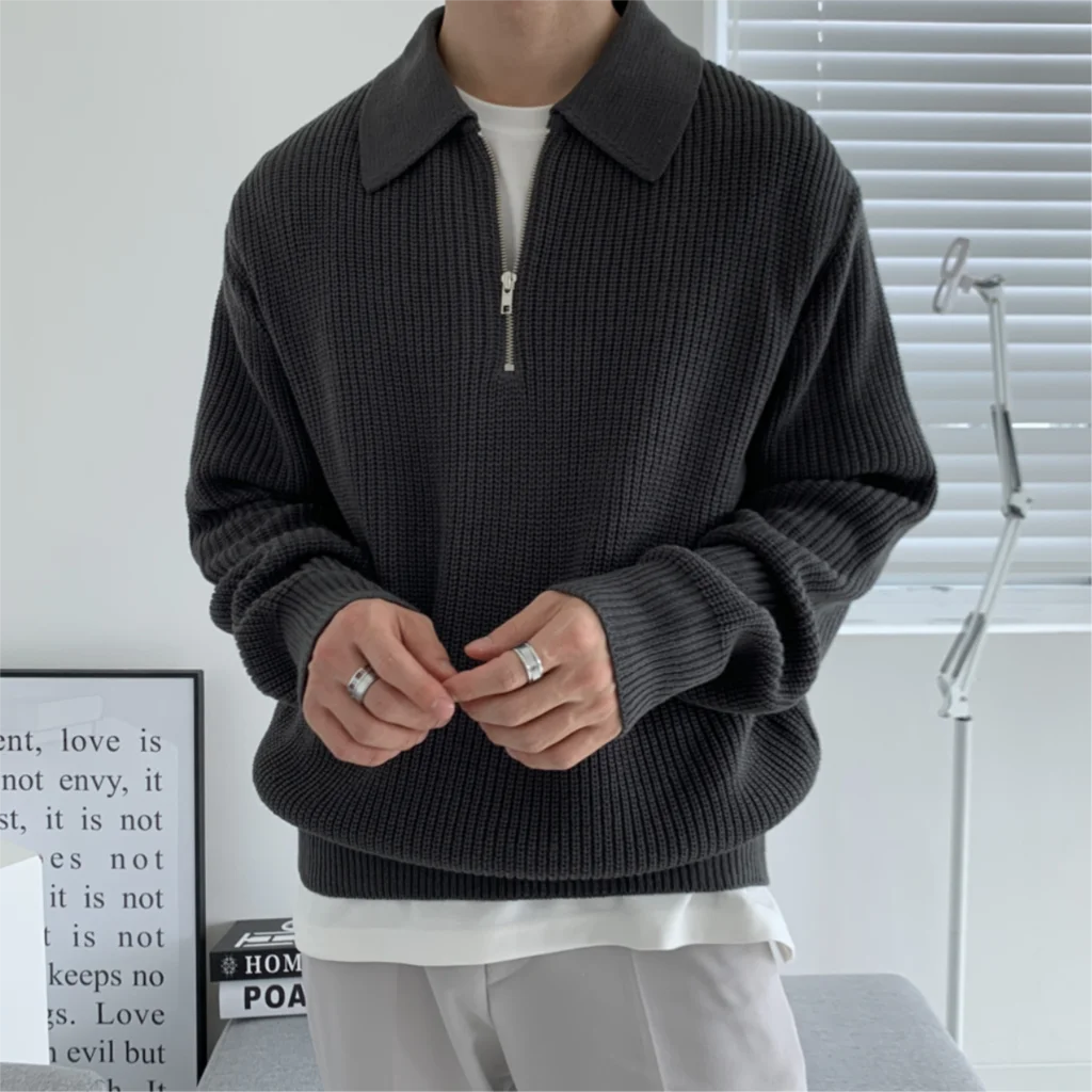 

2023 3-Color Lapel Sweater Men Warm Fashion Casual Knit Pullover Men Korean Loose Zipper Long Sleeve Sweater Mens Jumper Clothes