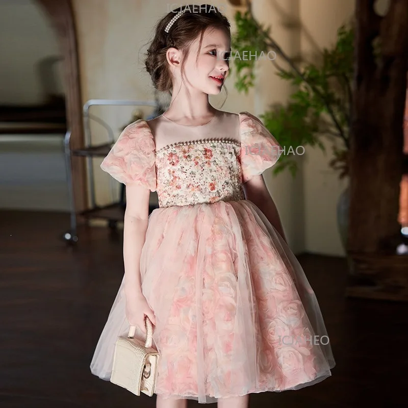 Girls Dress Little Girls Forest StyleFormal Gown 2026 New Summer Arrival Costume Pink Floral Birthday Princess Dress Stylish - 5
