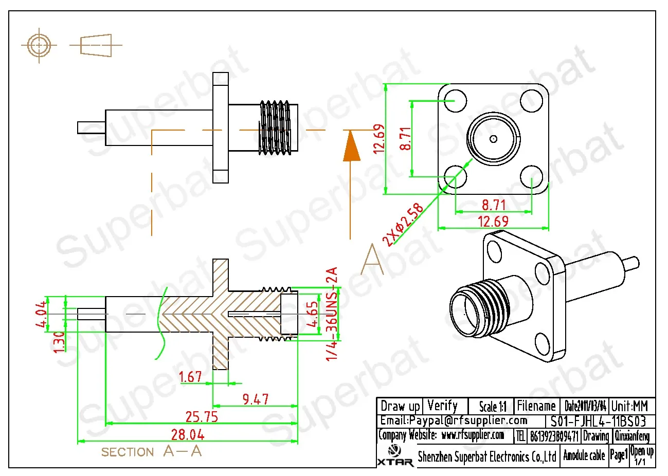 SMA Panel Mount Female RF Coaxial Connectors with Long Extended Dielectric